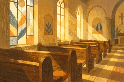 Sunlit Church Pews and Stained Glass