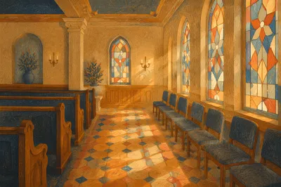 Sunlit Church Pews and Stained Glass