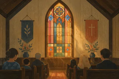 Sunlit Stained Glass Above Church Pews