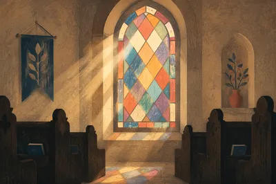 Sunlit Church Pews and Stained Glass