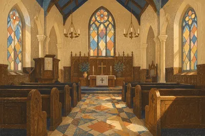 Sunlit Church Pews and Stained Glass