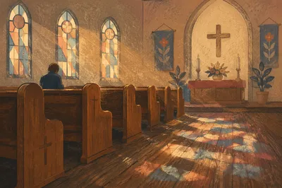 Sunlit Chapel Pews with Stained Glass