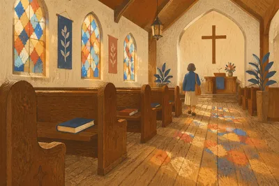 Sunlit Chapel Pews with Stained Glass