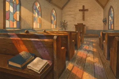 Sunlit Chapel Pews with Stained Glass Reflections
