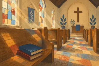 Sunlit Church Pews with Stained Glass