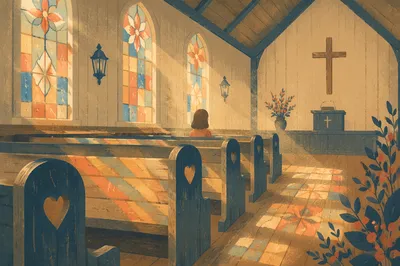 Sunlit Church Pews with Stained Glass