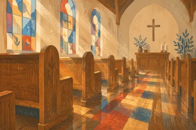 Sunlit Church Pews with Stained Glass