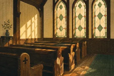 Sunlit Chapel Pews With Stained Glass