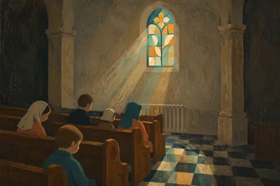 Sunlit Church Pews with Stained Glass
