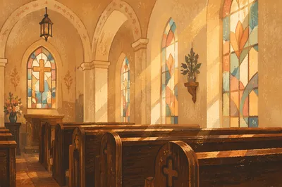 Sunlit Church Pews with Stained Glass