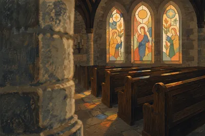 Sunlit Stained Glass Over Quiet Church Pews