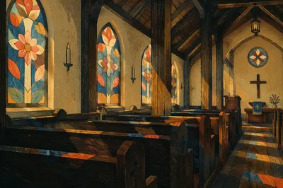 Sunlit Stained Glass Chapel Pews