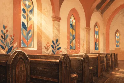 Sunlit Pews Beneath Stained Glass