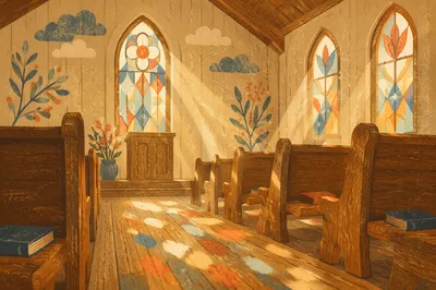 Sunlit Church Pews with Stained Glass Reflections