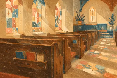 Sunlit Church Pews with Stained Glass Glow