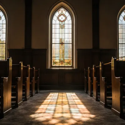 Sunlit Chapel Pews with Stained Glass