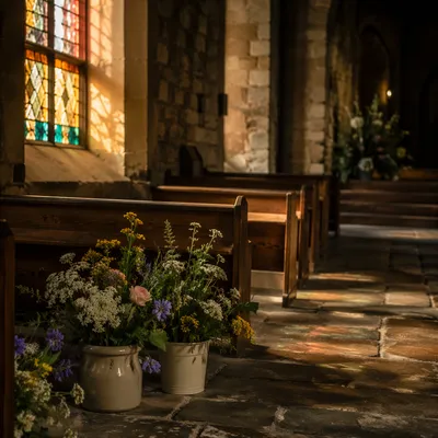 Sunlit Church Pews with Stained Glass