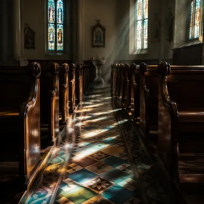 Sunlit Church Pews with Stained Glass