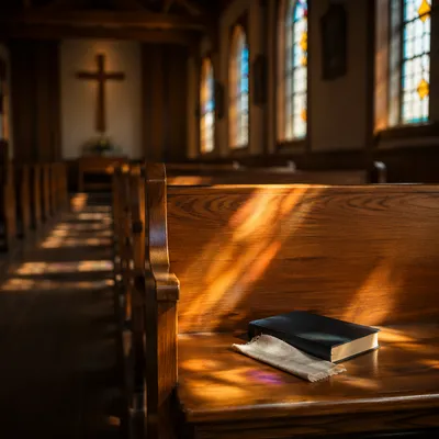Sunlit Chapel Pews with Stained Glass