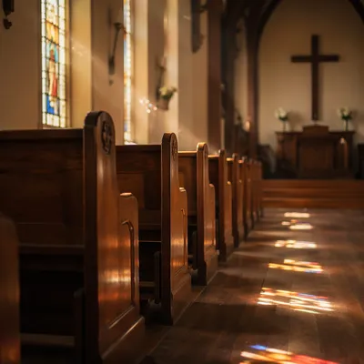 Sunlit Church Pews with Stained Glass