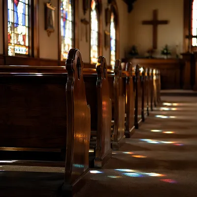 Sunlit Pews in a Quiet Chapel