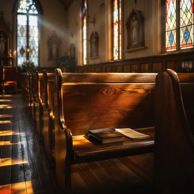 Sunlit Church Pews with Stained Glass