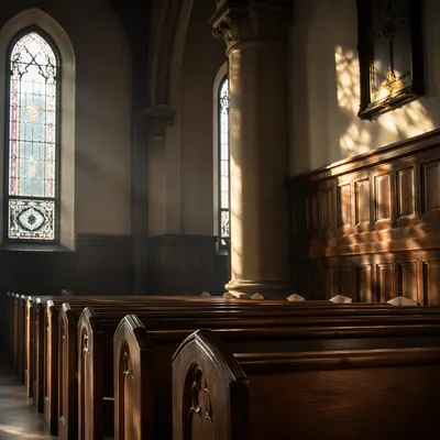 Sunlit Church Pews and Stained Glass