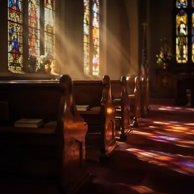 Sunlit Church Pews with Stained Glass
