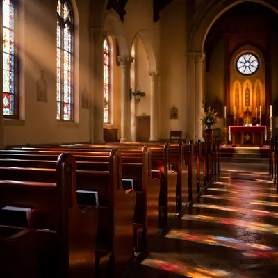 Sunlit Church Pews with Stained Glass