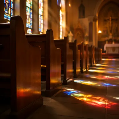 Sunlit Church Pews with Stained Glass
