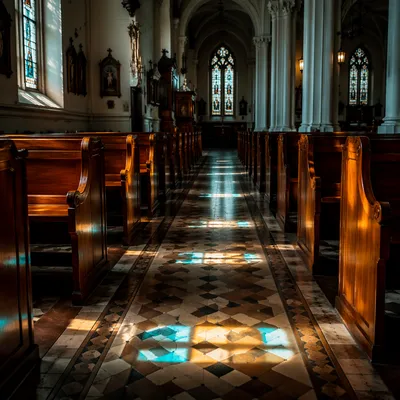 Sunlit Church Pews and Stained Glass