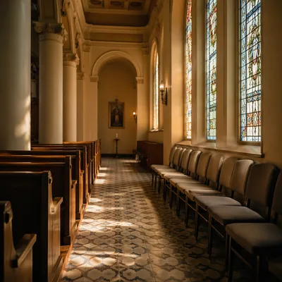 Sunlit Chapel Aisle with Wooden Pews