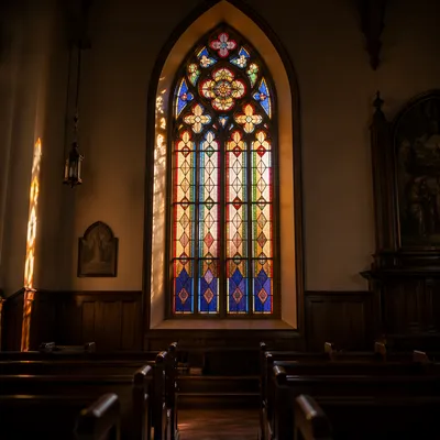 Sunlit Stained Glass Above Church Pews
