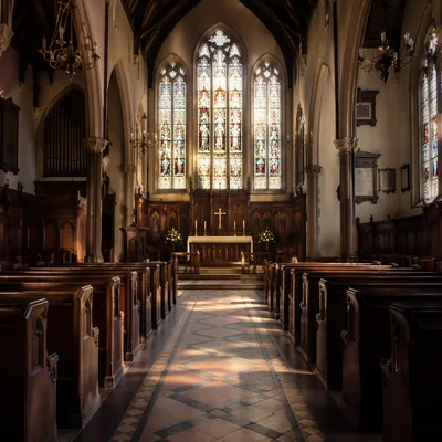 Sunlit Historic Church Sanctuary with Stained Glass