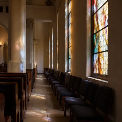 Sunlit Church Pews by Stained Glass