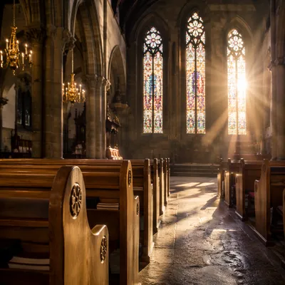 Sunlit Historic Church Pews and Stained Glass
