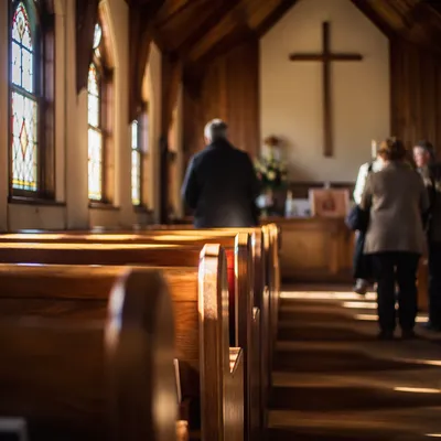 Sunlit Chapel Pews After Morning Service