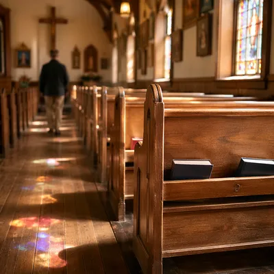 Sunlit Chapel Pews with Stained Glass Reflections