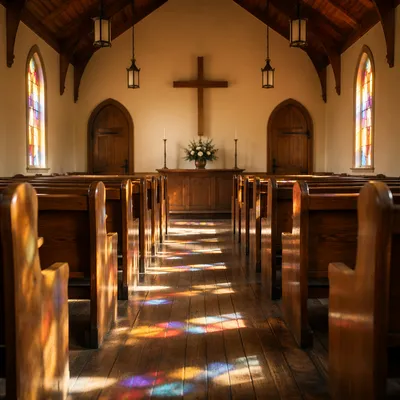 Sunlit Chapel Pews with Stained Glass