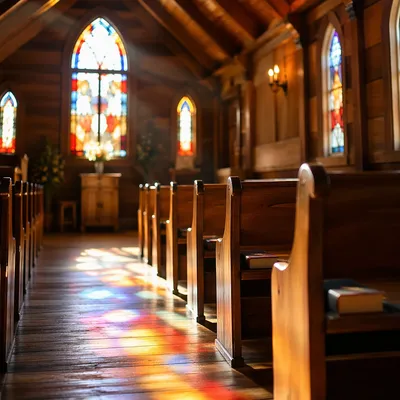 Sunlit Chapel Pews with Stained Glass
