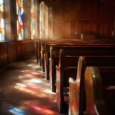 Sunlit Chapel Pews with Stained Glass