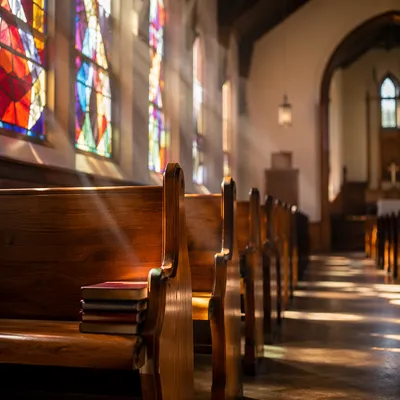 Sunlit Church Pews with Stained Glass