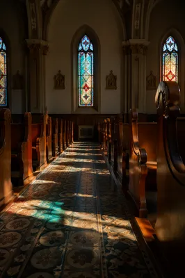 Sunlit Church Pews with Stained Glass