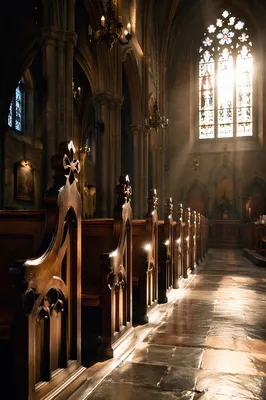 Sunlit Gothic Church Pews and Stained Glass