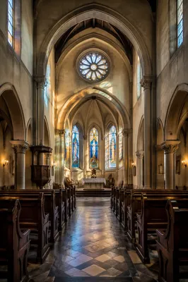 Sunlit Church Pews and Stained Glass