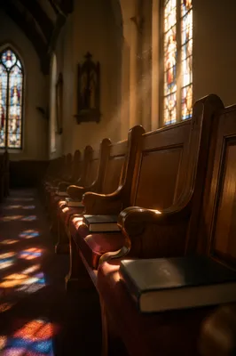 Sunlit Church Pews with Stained Glass