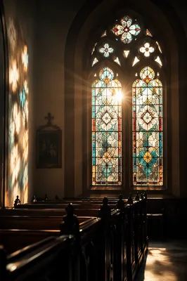 Sunlit Church Pews and Stained Glass