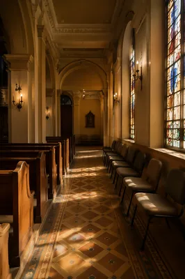 Sunlit Chapel Aisle with Stained Glass