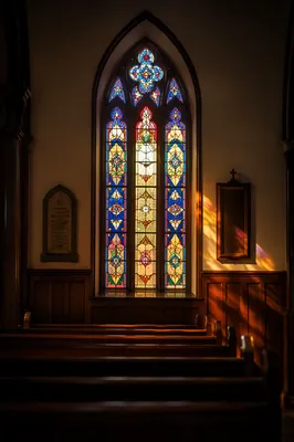 Sunlit Stained Glass Above Church Pews