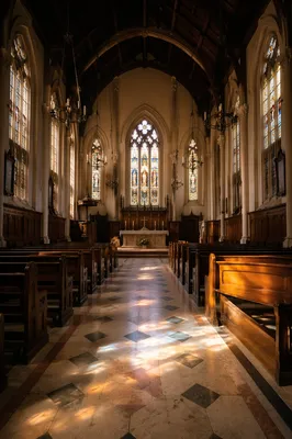 Sunlit Historic Church Pews and Stained Glass